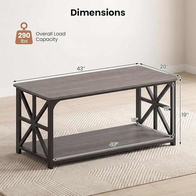 Giantex Farmhouse Coffee Table, 43" Center Table with Storage & X-Shaped Frames, 2-Tier Modern Accent Cocktail Tea Table, Rectangular Wooden Living Room Tables for Small Spaces, Grey Oak