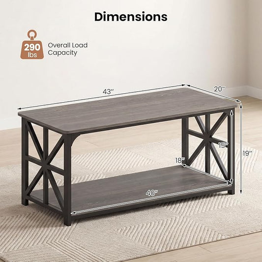 Giantex Farmhouse Coffee Table, 43" Center Table with Storage & X-Shaped Frames, 2-Tier Modern Accent Cocktail Tea Table, Rectangular Wooden Living Room Tables for Small Spaces, Grey Oak