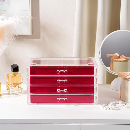 Lolalet Earring Holder Organizer Box Jewelry Storage with 4 Drawers, Clear Acrylic Stackable Earring Case with Adjustable Velvet Trays for Women on Dresser Vanity -Red, 4 Layers