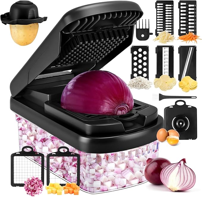 Vegetable Chopper,12-in-1 Multifunctional Food Chopper,Professional Onion Chopper with 7 Blades,Vegetable Cutter with Container for Salad,Potato,Carrot,and Garlic Essential Kitchen Tool (Black)