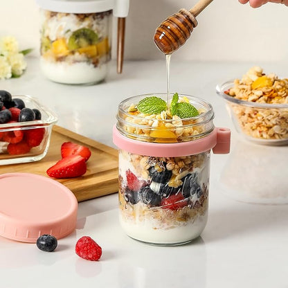4 Pack Overnight Oats Containers with Lids and Spoons, 16 oz Glass Mason Jars with Airtight Lids, Overnight Oats Jars for Milk, Cereal, Fruit