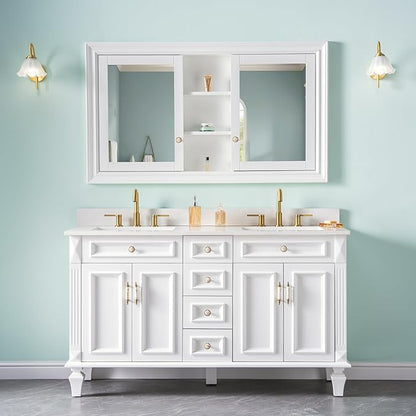 WELLFOR 55"x 32" Bathroom Medicine Cabinet with Dual Mirrors, Recessed Wood Medicine Cabinet with Built-in 6-Tier Adjustable Glass Shelves and 2 Soft-Close Doors, Recessed Mount Only