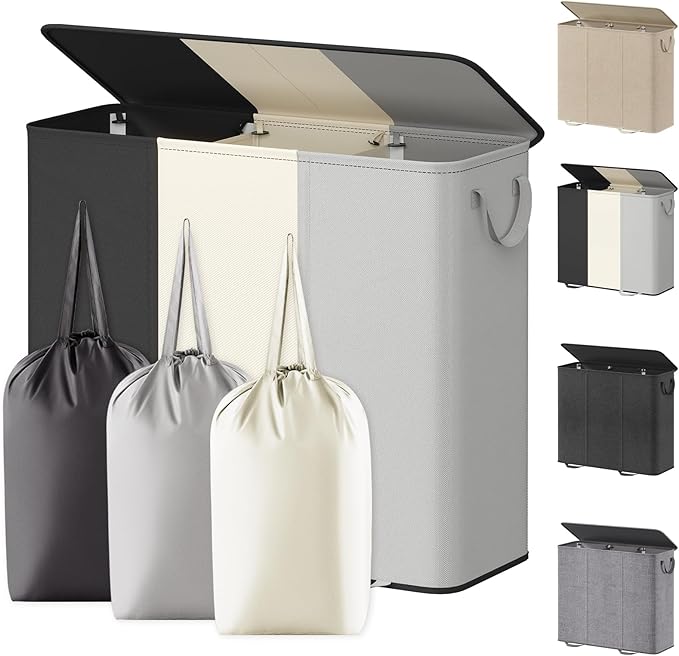 Lifewit Triple Laundry Hamper with Lid and Removable Laundry Bags, Large Collapsible 3 Dividers Dirty Clothes Basket with Handles for Bedroom, Laundry Room, Closet, Bathroom, 185L Black&White&Gray