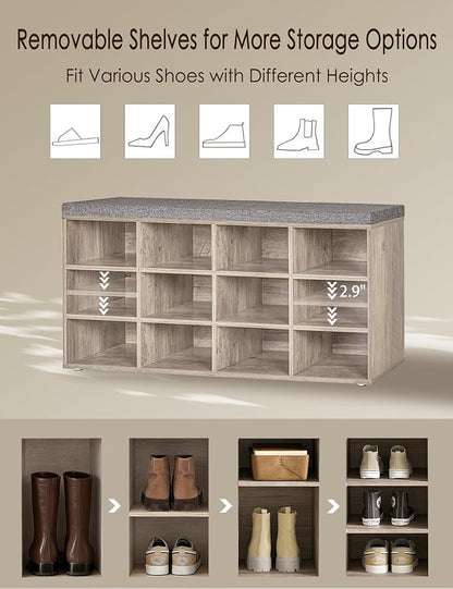 DINZI LVJ Shoe Storage Bench with Cushion, Cubby Rack with 12 Cubbies, Adjustable Shelves, Multifunctional Organizer Bench for Entryway, Mudroom, Hallway, Closet and Garage, Greige