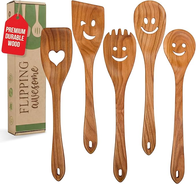 MFC 5-Piece Wooden Cooking Spoons - Kitchen Set from Natural Cherry Wood - Wooden Spoons for Cooking - Funny Utensil Set with Smiley Faces - Cooking Multipurpose Wood Utensils