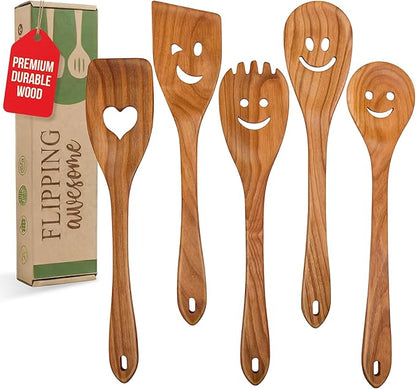 MFC 5-Piece Wooden Cooking Spoons - Kitchen Set from Natural Cherry Wood - Wooden Spoons for Cooking - Funny Utensil Set with Smiley Faces - Cooking Multipurpose Wood Utensils