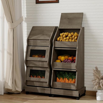 ARTETHYS Potato and Onion Storage Bin with Wheels Gray Movable Bread Box with Lid Onion Organizer with Grocery Section Decorative Vegetable Organization Cabinet for Kitchen