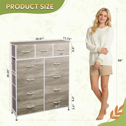 Tall Console Table with 11 Fabric Drawers, Entryway Table with Storage, Tall Storage Organizer with Wood Top, Steel Frame for Living Room, Hallway, Office, Greige