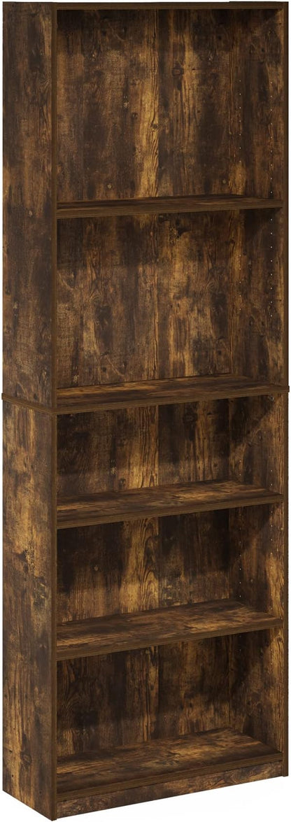 Furinno JAYA Book Shelf, 5-Tier Bookshelf, Bookcase with Adjustable Shelves, 9.5" x 24.5" x 71.2", for Organization and Storage, for Living Room, Bedroom, Home Office, Amber Pine