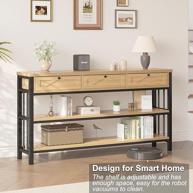 HSH Sofa Table with Storage, 55” Wood Entryway Table with 3 Drawers, 3 Tier Console Table Behind Couch for Living Room, Farmhouse Wooden and Metal Entry Hallway Table for Entrance, Oak, 55 in