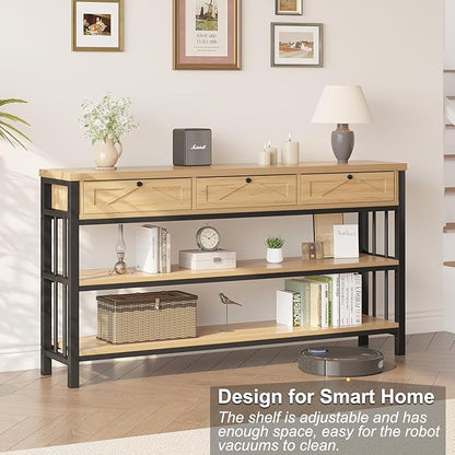 HSH Sofa Table with Storage, 55” Wood Entryway Table with 3 Drawers, 3 Tier Console Table Behind Couch for Living Room, Farmhouse Wooden and Metal Entry Hallway Table for Entrance, Oak, 55 in