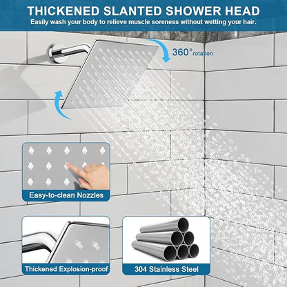 Shower Faucet Set Polished Chrome Shower System, Ceiling Mount 12 Inch Shower Head With Wall Mount 6 Inch Shower Head and 2 in 1 Handheld Spray, Push Button Diverter Shower Valve Trim Kit