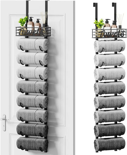 SWTYMIKI Hanging Towel Racks for Bathroom - 9 Tier Over the Door & Wall Mounted Bath Rolled Towel Storage Organizer Holder for Small Bathroom, RV, Camper, Black (Patented)