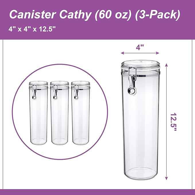 Amazing Abby - Cathy - 60-Ounce Plastic Canister (Set of 3), Plastic Airtight Container for Spaghetti and Pasta, Stackable, BPA-Free, Shatter-Proof, Perfect for Home and Commercial Use