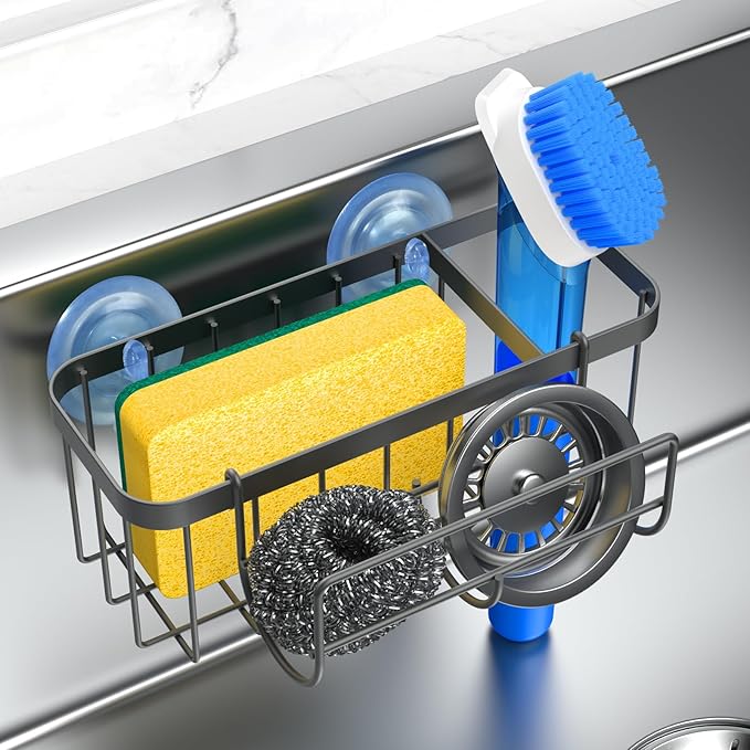 HOKEMOM Kitchen Sink Caddy Organizer with Sponge Holder & Multifunctional Hooks - Dual Suction Cups (18.5lb Hold), 2.0mm Stainless Steel Grey Rust-Proof, Non-Slip, 7.09" x 4.33" x 2.76"
