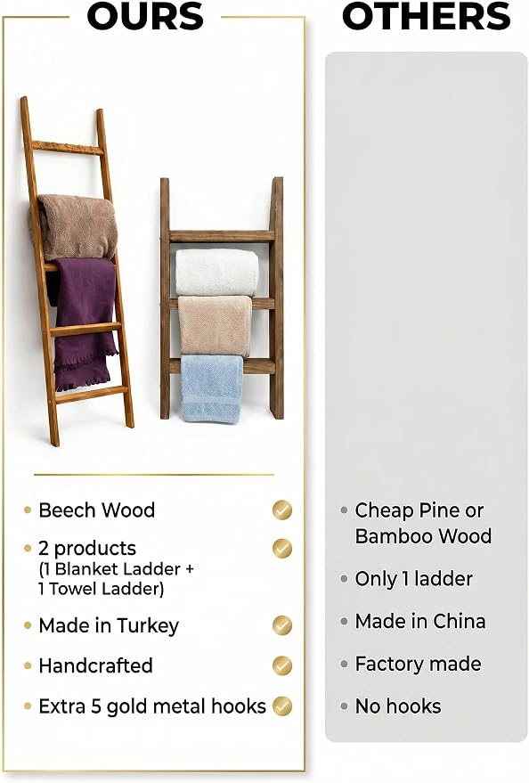2 Pack Wooden Ladder Set, 1 pcs Blanket Ladder and 1 pcs Towel Ladder - Beech Wood 59'' inc 5 Tier and 5 Extra Hooks Blanket Ladder, Living Room and Bathroom Home Decor, Wall Decorative Shelves
