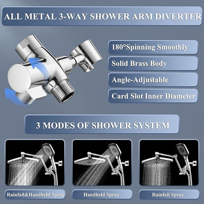 12 Inch Rain Shower Head with Handheld Spray Combo and Extention Arm, High Pressure Rainfall Waterfall Shower Heads, Dual Showerhead with 3-Way Diverter - Height/Angle Adjustable(Chrome)