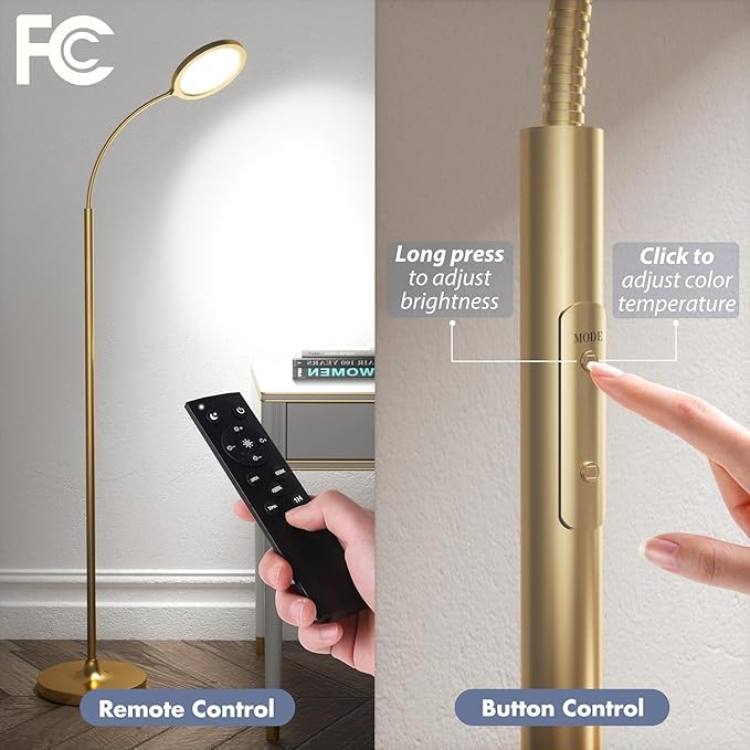 Gold Floor Lamp,Super Bright Dimmable LED Floor Lamps for Living Room, Custom Color Temperature Standing Lamp with Remote Push Button, Adjustable Gooseneck Reading Floor Lamp for Bedroom Office
