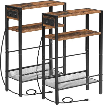 HOOBRO Small Narrow Side Table with Charging Station Set of 2, Skinny End Table for Small Spaces, Slim Nightstand with USB Ports Outlet, Sofa Beside Table with Storage Shelf BF102UBZP201