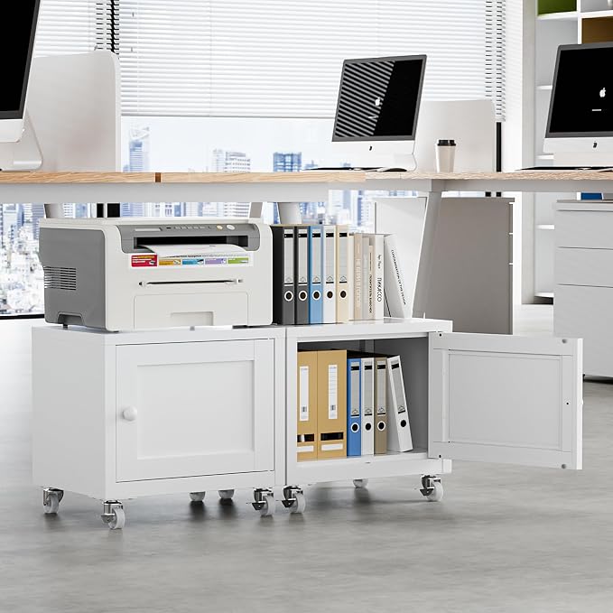 Small Printer Stand with Storage, Home Office Printer Table for Small Spaces, Under-Desk 3D Printer Stand with Wheels, for Office Copier and Fax Machine, White