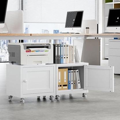 Small Printer Stand with Storage, Home Office Printer Table for Small Spaces, Under-Desk 3D Printer Stand with Wheels, for Office Copier and Fax Machine, White