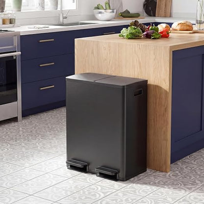 DUMOS Kitchen Double Trash Can, 2x8-Gallon Dual Trash Can with Lid, Stainless Steel Garbage Bin with 2 Removable Inner Buckets, Soft-Close Foot Pedal for Kitchen, Home, Office, Glossy Black