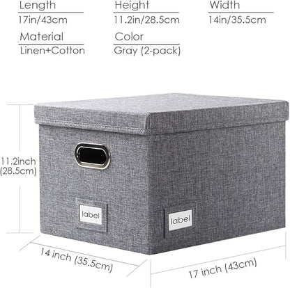 PRANDOM File Organizer Box - Set of 2 Collapsible Decorative Linen Filing Storage Hanging File Folders with Lids Office Cabinet Letter/Legal Size Grey (17x14x11.2 inch)
