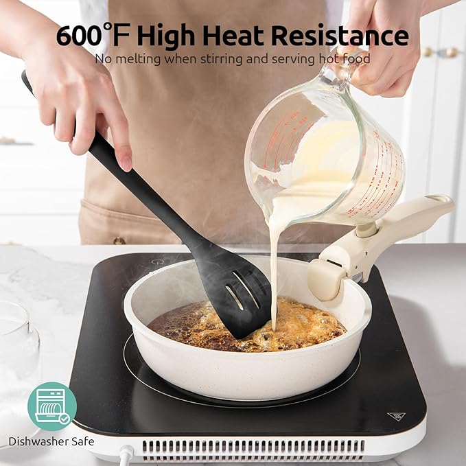 600ºF Heat Resistant Slotted Spoon: U-Taste 13.3in Solid Kitchen Cooking Spoon, Nonstick Food Grade Large & Long Rubber Utensil for Mixing, Serving, Stirring, Basting, Frying, Draining (Black)