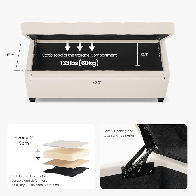 47.2" Ottoman with Storage, Storage Ottoman Bench with Safety Hinge,Tufted End of Bed Bench, Upholstered Entryway Bench for Bedroom, Living Room & Window (Ivory-Upgraded Version)