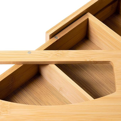 Forest & Twelfth Expandable Bamboo Kitchen Drawer Organizer for Storage Bags, Gallon, Quart, Snack, Sandwich Size, Plastic Wrap Foil Dispenser with Prep Bag Holder, Eco-Friendly Kitchen Organization