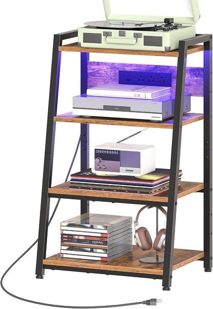 HOOBRO 4-Tier AV Media Stand with Charging Station and LED Light, Wooden Stereo Cabinet, Game Console Stand, Media Audio Rack, Record Player, Entertainment Center, Rustic Brown and Black BF106UDCJ01