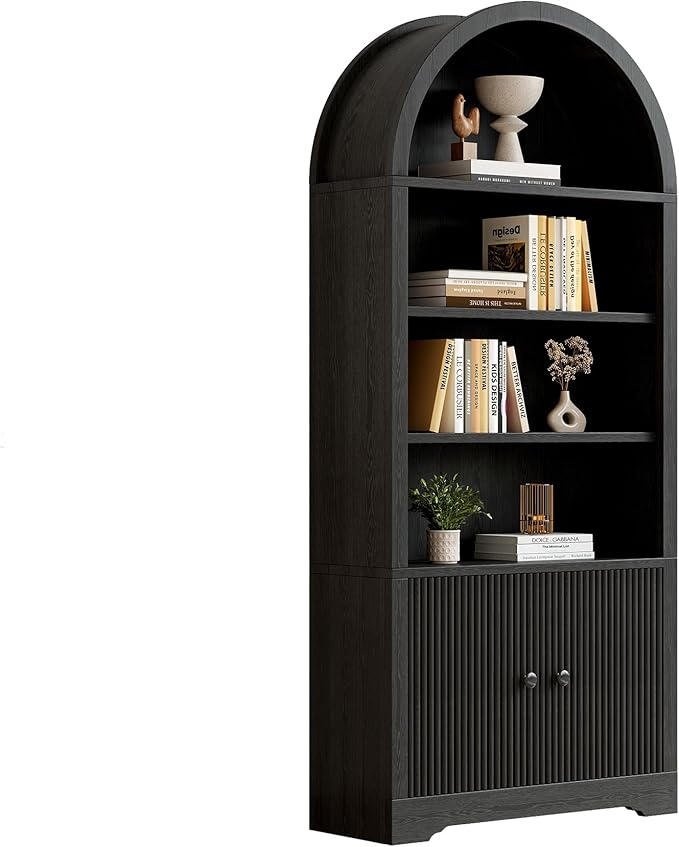 70" Arched Bookcase with Storage, 6 Tier Bookshelf with Door, Freestanding Display Storage Cabinet Farmhouse Storage Shelves for Living Room,Bedroom Home Office,Black Oak-2