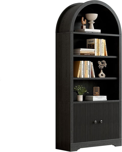 70" Arched Bookcase with Storage, 6 Tier Bookshelf with Door, Freestanding Display Storage Cabinet Farmhouse Storage Shelves for Living Room,Bedroom Home Office,Black Oak-2