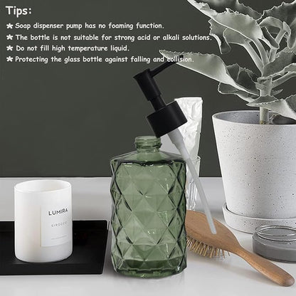 Green Glass Soap Dispenser with Black Plastic Pump, 12oz Refillable Liquid Hand Soap Dispenser, 2 Pack Crystal Lotion Bottle for Modern Home Decor, Bathroom, Kitchen Countertop, Hotel