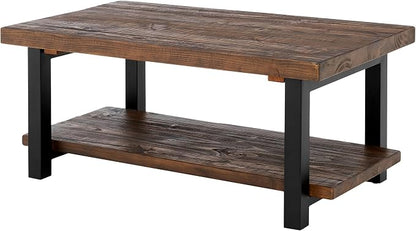 Pomona 42-Inch Rectangular Solid Wood Coffee Table with Storage Shelf & Metal Legs – Rustic Industrial Farmhouse Living Room Table by Alaterre Furniture (Rustic Natural)