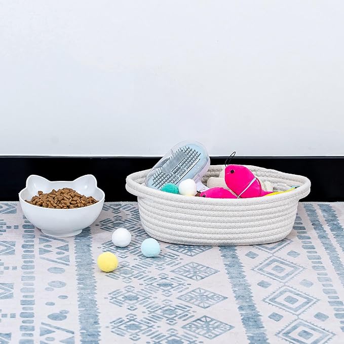 CubesLand Small Woven Rope Toys Basket for Organizing Set 5, Shelves Closet Storage Bins, Empty Gift Baby Shower Basket Also Perfect for Toilet Paper Storage, Organizer Bins Off White