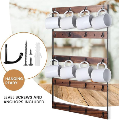 Wall Mounted Coffee Mug Holder, Large 5 Tier Shelf with 20 Hooks for Cups, Rustic Wooden Display Rack for Kitchens, Homes and Bars (Walnut)