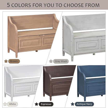 Bellemave Storage Bench with Safety Hinge Wooden Entryway Benches with Shoe Cabinets Under Seat Multifunctional Storage Bench for Entryway, Foyer or a Mudroom (Espresso + Beige)