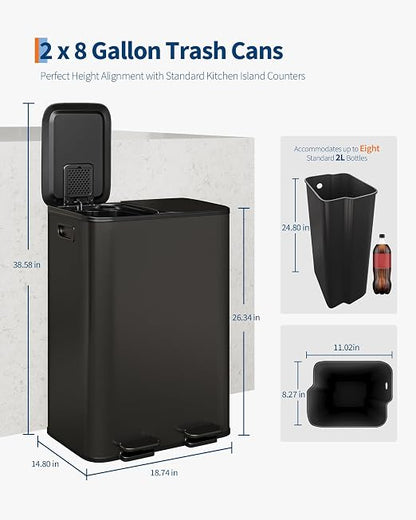 GarveeHome 2 x 8 gal Stainless Steel Double Trash Can with Lid for Kitchen, Large Dual Trash and Recycle Bin Combo, Step-on Kitchen Metal Garbage Cans, PP Inner Buckets, Liner Rim, Matte Black