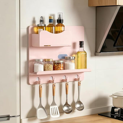 Bedside Shelf Wall Mount, Adhesive Bedside Shelf Accessories Organizer with Hooks and Cable Clips,Dorm Bedside Wall Storage for Phone, Remote, Earphone,Plastic (Pink)