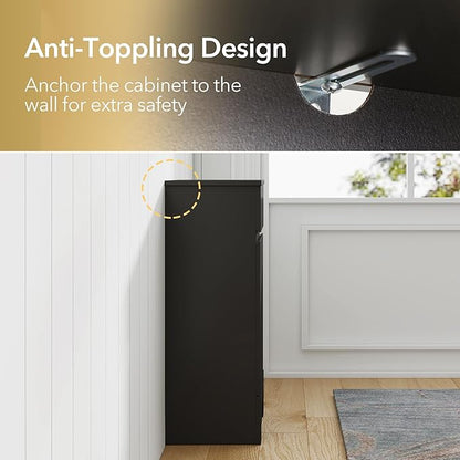 Small Bathroom Cabinet with Adjustable Shelves, Drawer, Anti-Tip Design, 14.96" L x 11.81" W x 32.09" H, Durable MDF for Bathroom, Kitchen, Laundry Storage, Soft-Close Door