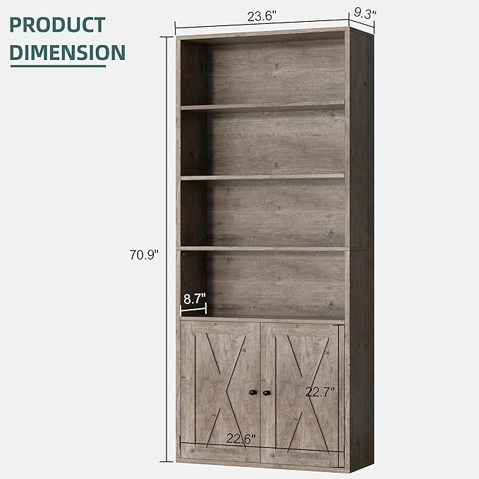Shintenchi Bookshelf, Industrial Bookshelves and Bookcases with Doors Floor Standing 6 Shelf Display Storage Shelves 70.6 inches Tall Bookcase for Home Office, Living Room (Grey)