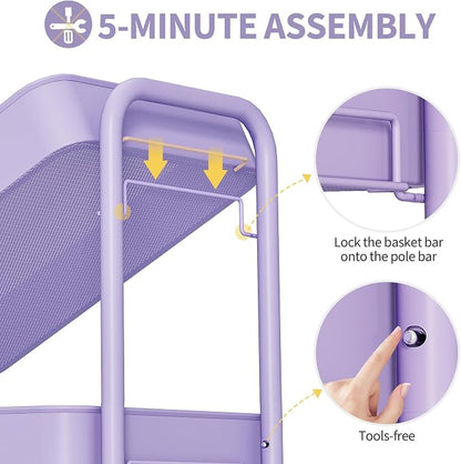 TOOLF 3 Tier Rolling Cart Storage Organizer, Metal Rolling Utility Cart with Wheels, Hooks & Bins Esthetician Craft Art Sturdy Storage with Pegboard for Bathroom, Kitchen, Office, Nursery Diaper