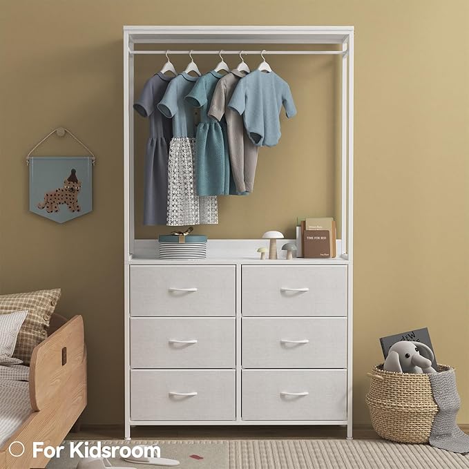 6 Dresser Drawer with Hanging Rack, 2-in-1Tall Dresser for Bedroom/Closet, Fabric Dressers & Chests of Drawers, Sturdy Alloy Steel Frame, Space Saving Closet Organizer
