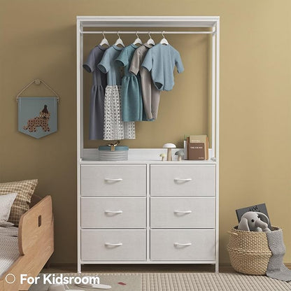 6 Dresser Drawer with Hanging Rack, 2-in-1Tall Dresser for Bedroom/Closet, Fabric Dressers & Chests of Drawers, Sturdy Alloy Steel Frame, Space Saving Closet Organizer