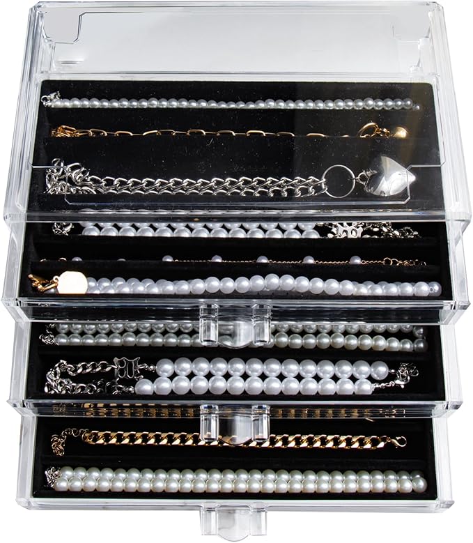 YUFONG Necklace Holder Organizer, Dustproof Necklace Box Velvet Necklace Organizer Box with Lid Clear Acrylic Dustproof Stackable Jewelry Displays for Necklaces Chain Display (Black, 3 Drawer)