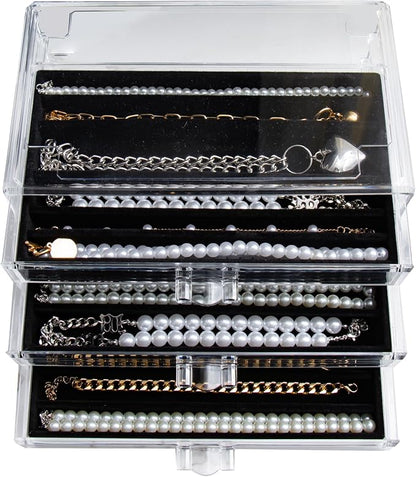 YUFONG Necklace Holder Organizer, Dustproof Necklace Box Velvet Necklace Organizer Box with Lid Clear Acrylic Dustproof Stackable Jewelry Displays for Necklaces Chain Display (Black, 3 Drawer)
