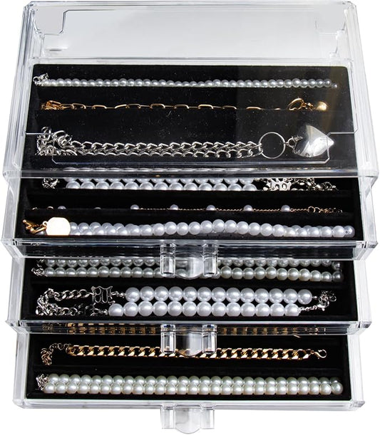 YUFONG Necklace Holder Organizer, Dustproof Necklace Box Velvet Necklace Organizer Box with Lid Clear Acrylic Dustproof Stackable Jewelry Displays for Necklaces Chain Display (Black, 3 Drawer)