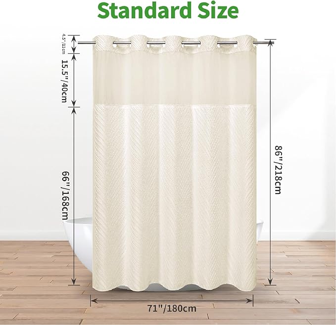 no Hook Shower Curtain and Liner Set，Boho Style with See Through Top Window, Cream Fabric Tufted Striped Textured Outer Curtain & Waterproof Inner Liner, Beige/Cream, 71Wx86H