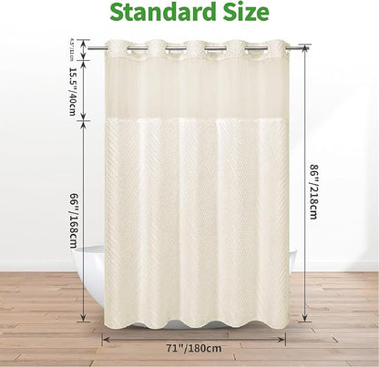 no Hook Shower Curtain and Liner Set，Boho Style with See Through Top Window, Cream Fabric Tufted Striped Textured Outer Curtain & Waterproof Inner Liner, Beige/Cream, 71Wx86H